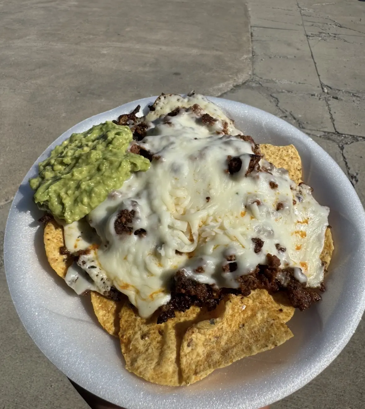 Loaded nachos with meat, melted cheese and guacamole
